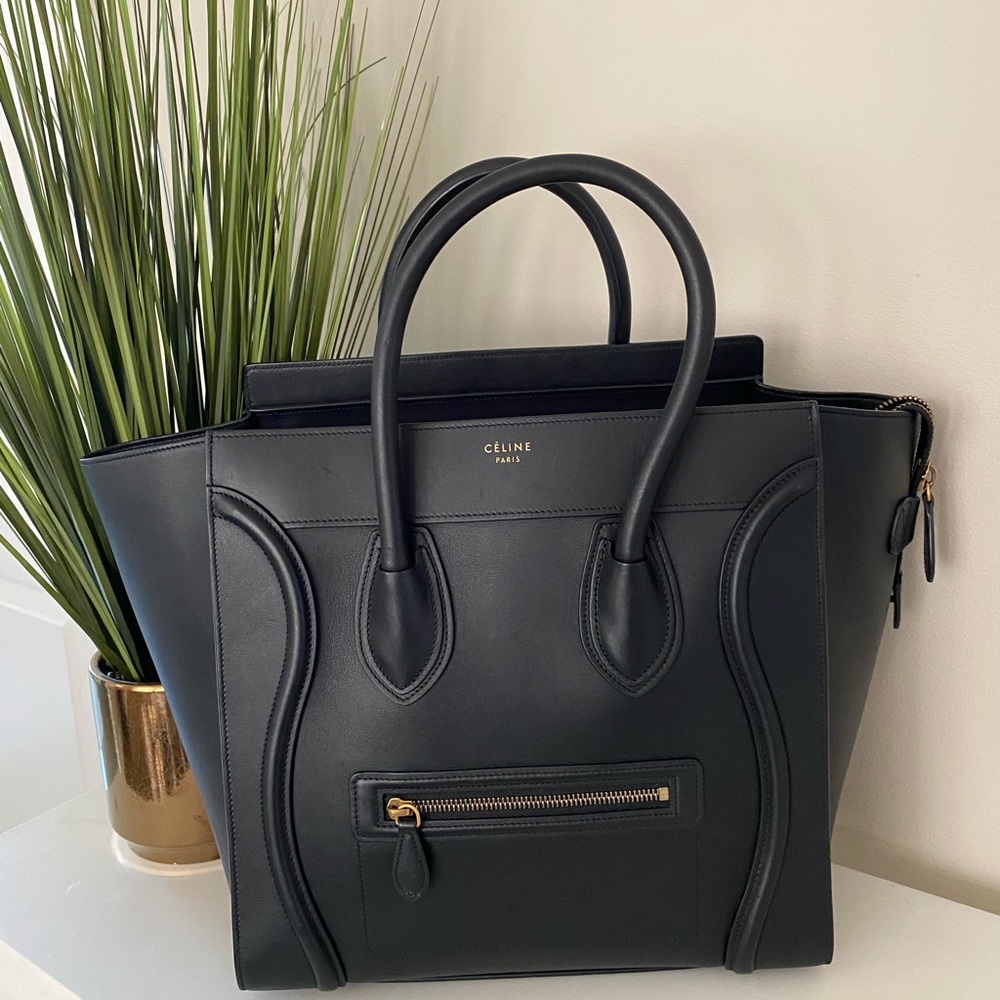 Celine Luggage Tote Black Calfskin Leather Satchel